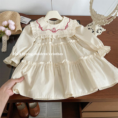 法式兒童花邊刺繡連衣裙2024春季新款女童翻領文藝公主裙長裙
