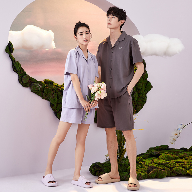 New Style Couple's Pajama Set for Summer, Pure Cotton, Simple Cardigan, Short-Sleeved Shorts, Thin Home Wear for Men and Women
