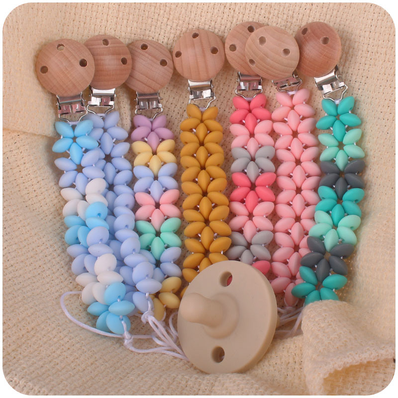 Nuevos suministros para bebés pétalo Cadena de chupete calmante bebé Arco Iris cuentas de silicona clip de chupete de haya Amazon
