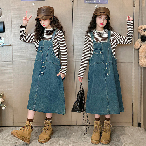  New Arrival Girls' Autumn Outfit Set: Trendy Spring/Summer Dress with Denim Suspender Skirt for Older Kids
