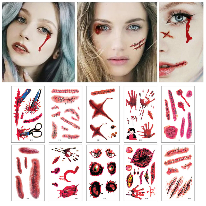Horror funny Halloween knife scar fake wound tattoo stickers blood scar fancy dress party funny set of 10
