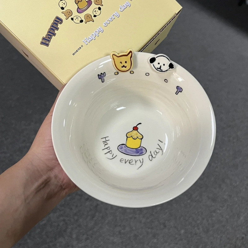 韓国ボタン子犬漫画セラミック家庭用丼フルーツボウル朝食ボウルペットボウル手描き釉下色ディープ LL|undefined