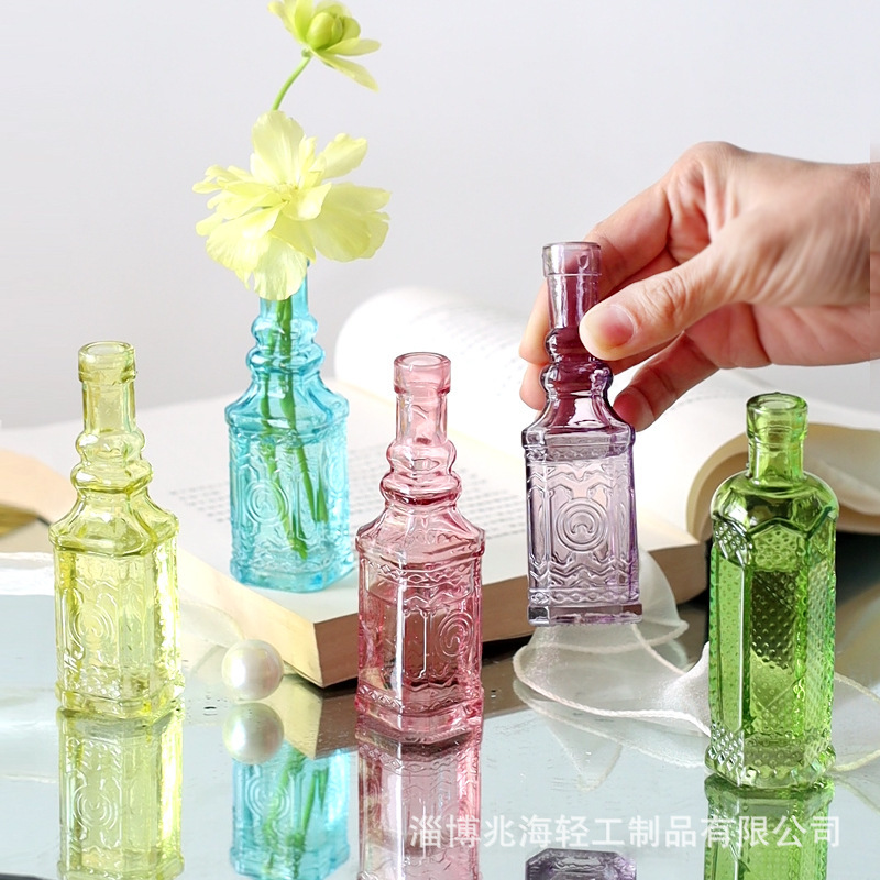 Cross-Border Retro Embossed French Glass Tabletop Mini Vase Colorful Ins High-End Photo Props Decoration Cross-Border Retro Embossed French Glass Tabletop Mini Vase Colorful Ins High-End Photo Props Decoration