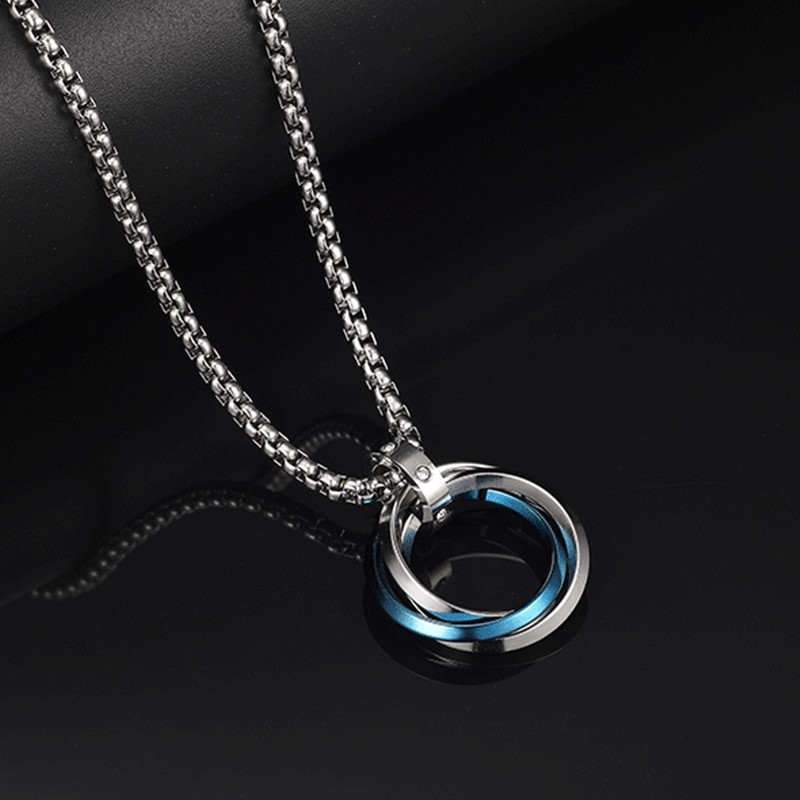 Titanium Steel Triple Ring Necklace With Diamond Pendant_voghion.com