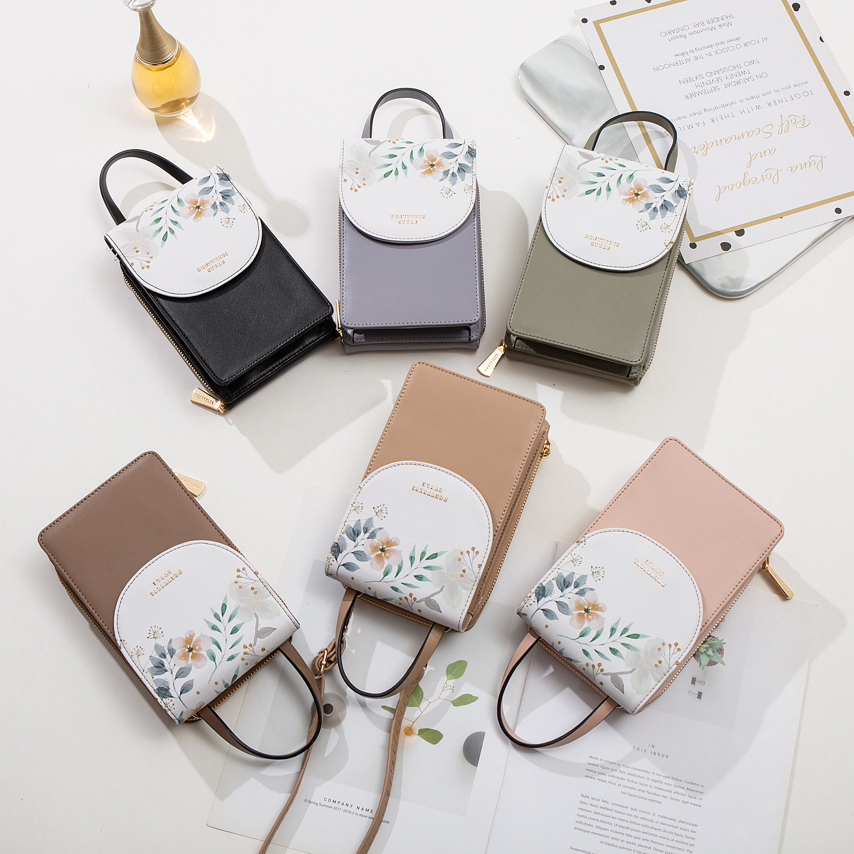 Huo Po pantalla táctil bolso del teléfono móvil de las mujeres de estilo coreano Pu impreso Flip cremallera vertical bolso del teléfono móvil de gran capacidad de hombro bolsa de mensajero