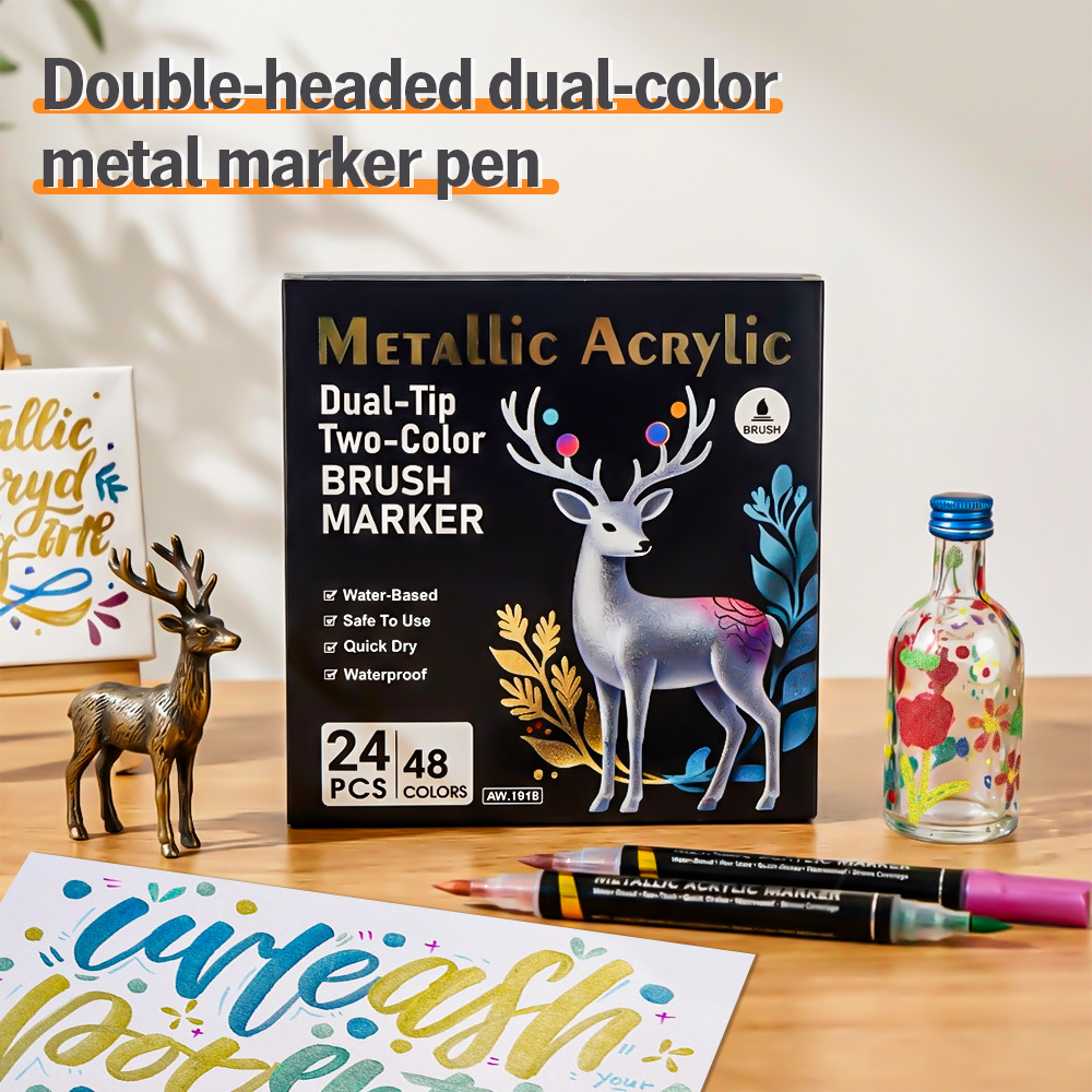 Cross-Border Best-Selling Metallic Double-Ended Dual-Color Marker Pen Set for Students, Graffiti Drawing Pens, Water-Based Soft-Tip Drawing Pens