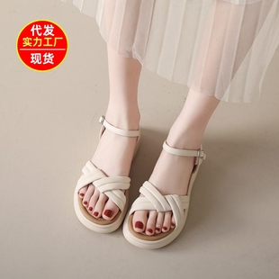 Soft leather soft bottom sandals for women 2024 Summer new all-matching dress fairy style Roman beach sandals mom shoes