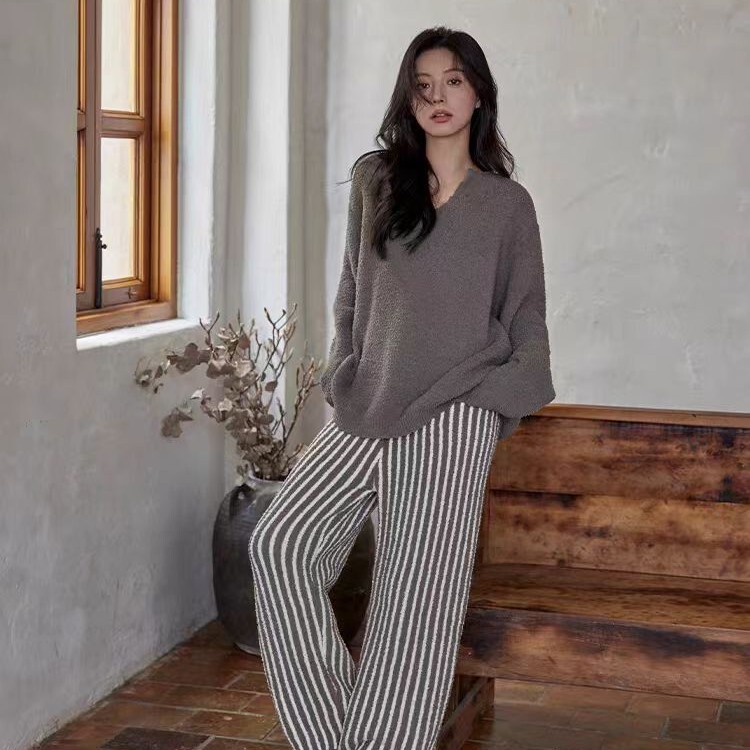 Autumn and Winter Half-Velvet Pajamas Knitted Manufacturer Wholesale Two-Piece Striped Casual Loungewear Set Thickened