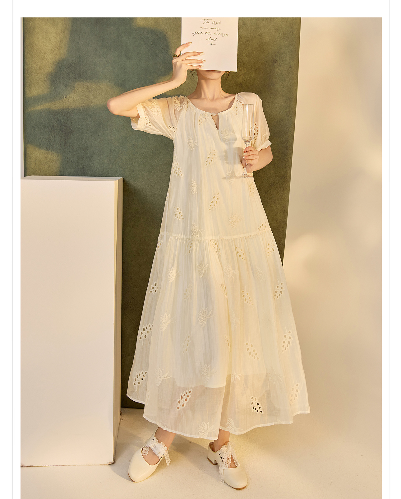 Váy suông midi Tencel phong cách Trung Quốc mới tay ngắn cổ tròn — Màu trắng be chi tiết 11