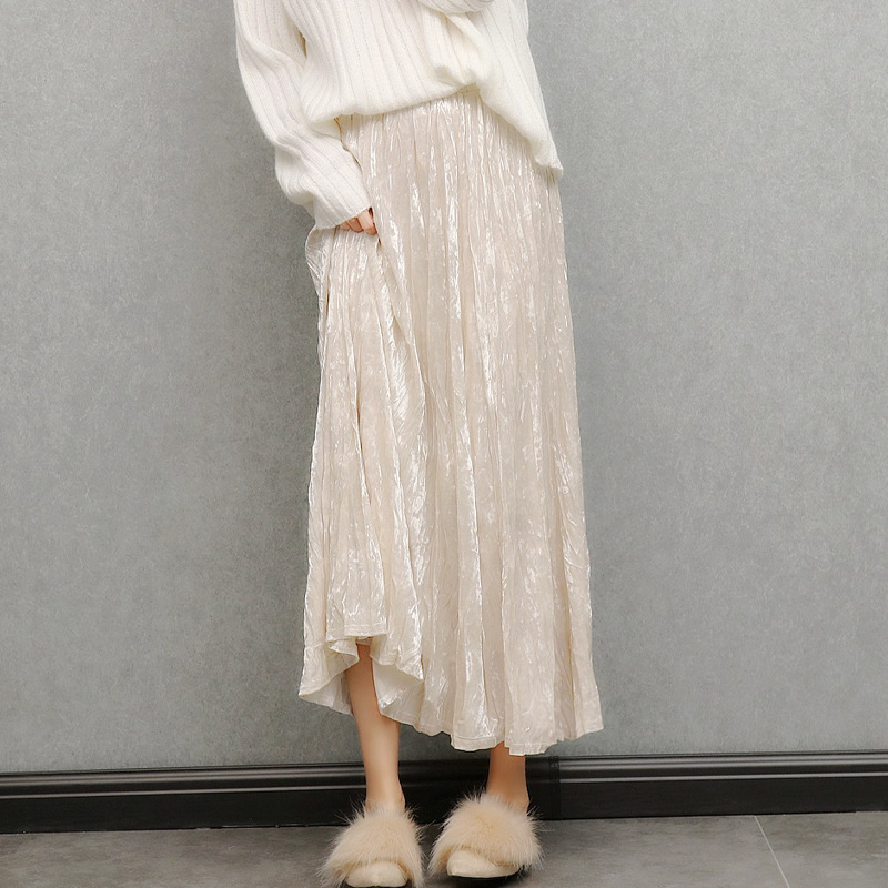 Velvet Skirt | Spring, Autumn and Winter Beige Gentle Pleated Skirt High Waist A-Line Pleated Skirt Long Skirt for Women