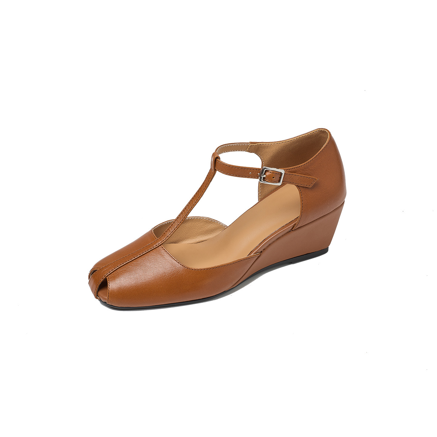 Sandal nữ cao gót phong cách Pháp cổ điển, quai chữ T, gót xuồng, mũi hở — màu nâu chi tiết 25