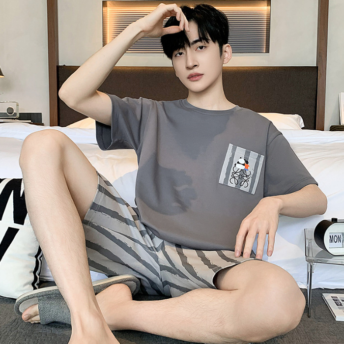 2024 algodón de punto de verano 6535 hombre cuello redondo mangas cortas pantalones cortos pijamas sueltos ropa casera casera