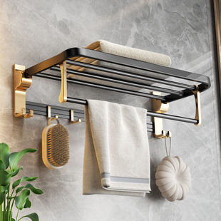 Black Gold Bathroom Storage Rack Without Punching Space Aluminum Toilet Towel Rack Wall Storage Rack Home Set for Bathing