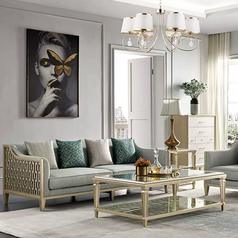 美式轻奢实木布艺单双三人沙发欧式简约客厅法式布艺组合沙发茶几