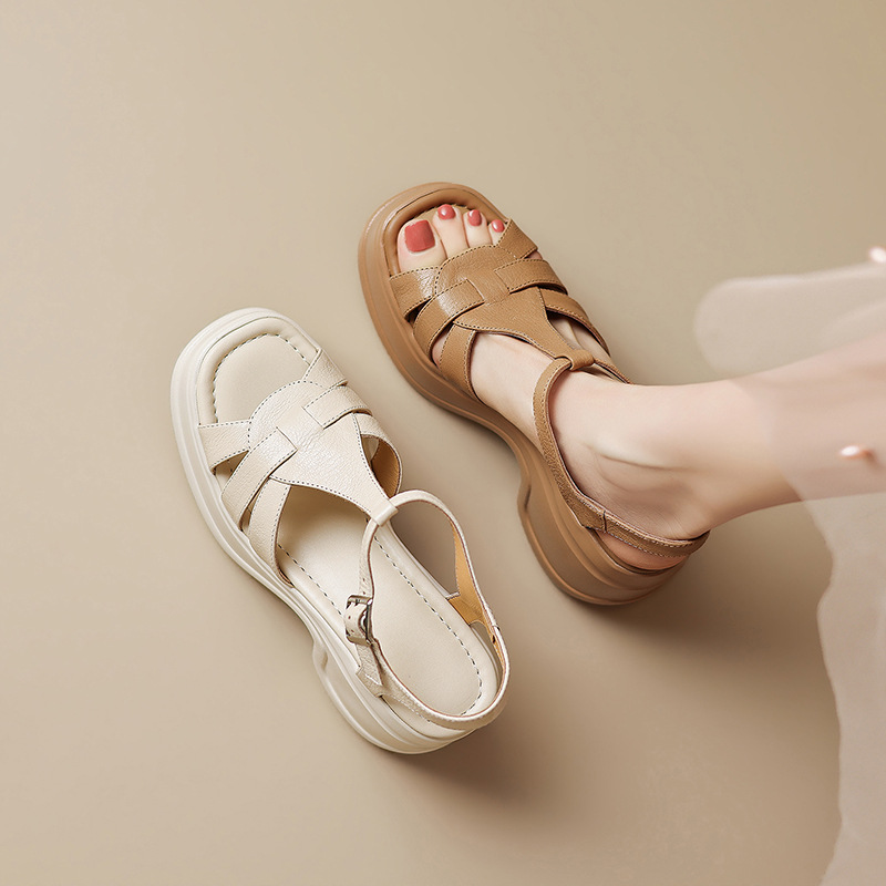 Sandal cao gót nữ đế xuồng đan lát hở mũi quai chữ T — màu trắng ngà, màu mơ