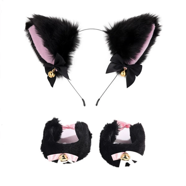 A pair of black hair pink cat ears + bracelets