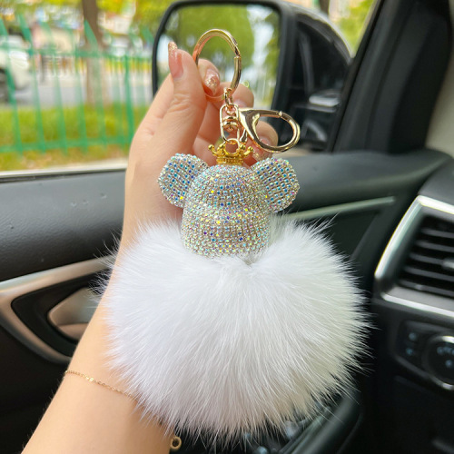 Creative Diamond-embellished Large Bear Keychain Genuine Leather Grass Fox Fur Car Keychain Bag Hook Fashion Small Gift