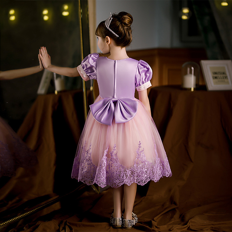 Niñas Pelo Largo princesa mullido vestido malla encaje costura arco vestido