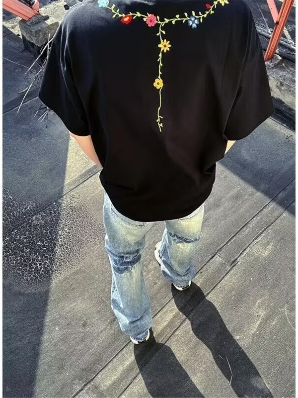 アメリカ式高街重ポンド刺繍純綿つる半袖tシャツ男夏新作潮牌半袖ゆるい上着女|undefined