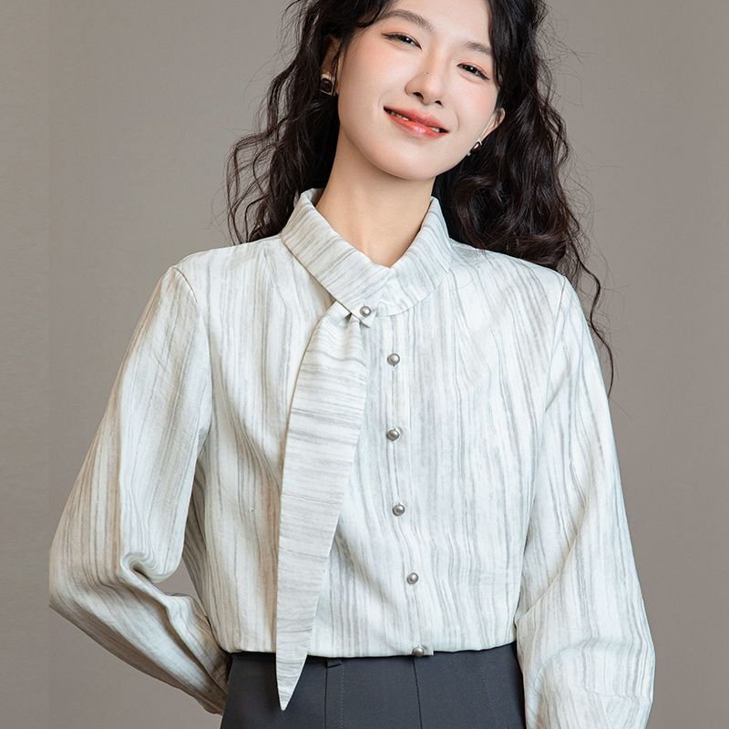 法式设计小众条纹飘带衬衫女春秋2025新款高级感休闲港风复古上衣|undefined