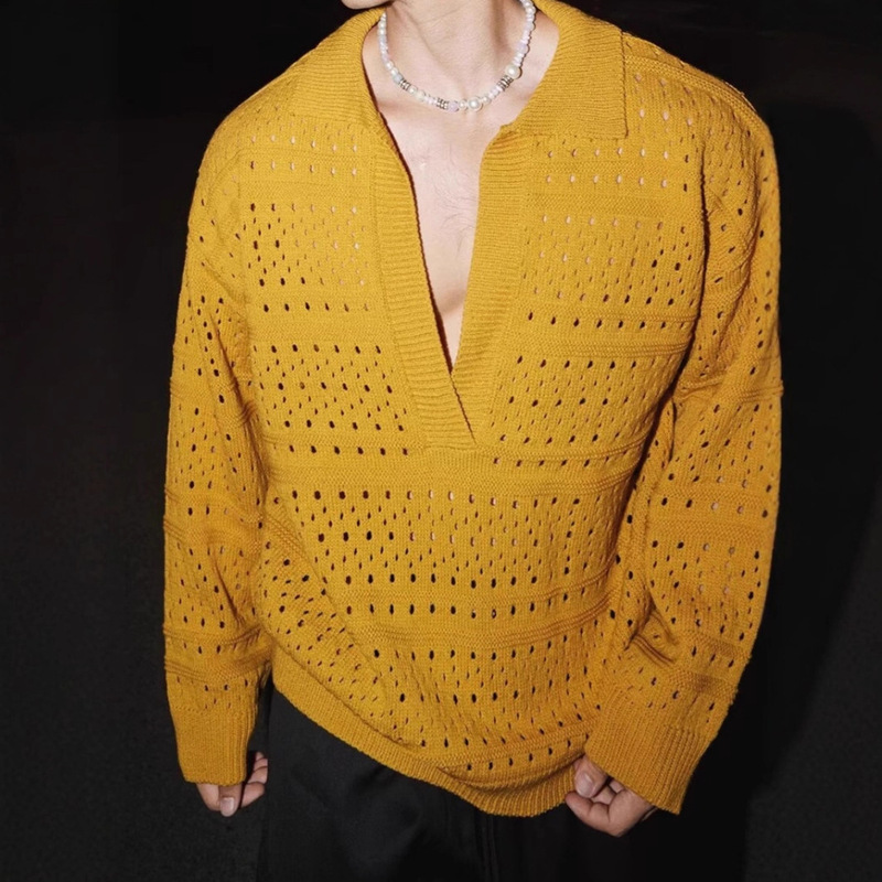 Autumn and Winter New Style Cut Out Long-Sleeved Knitwear Men's Thin Polo Shirt Lapel Deep V Neck Export Cross-Border Wholesale