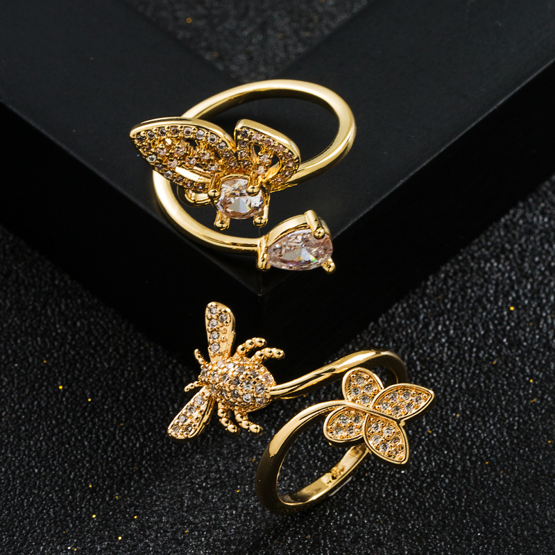 Fashion Copper Gold-plated Micro-set Zircon Butterfly Open Ring display picture 2