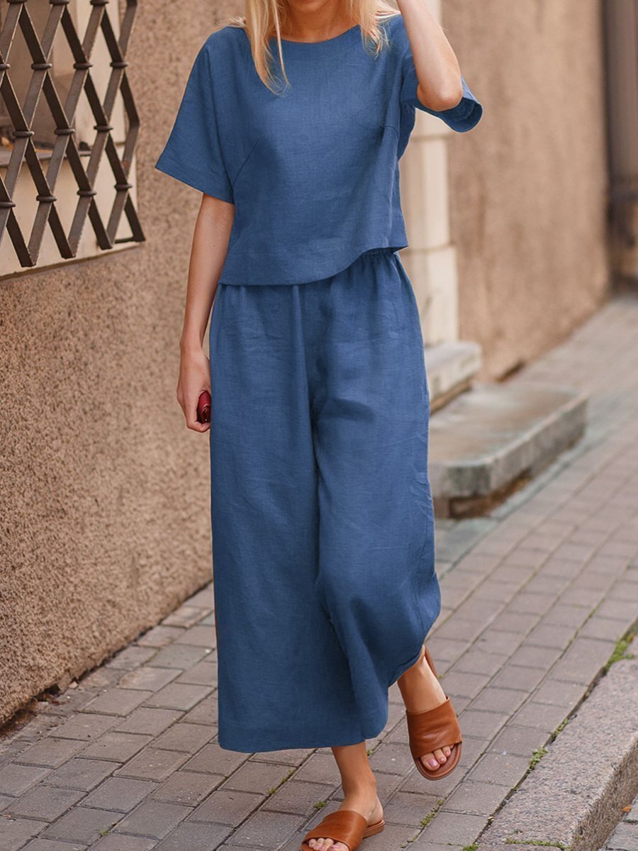 Plus Size Women's Solid Color Short Sleeve Set Loose European American Style Two Piece Women's Clothing Fashion_ecoleips.com