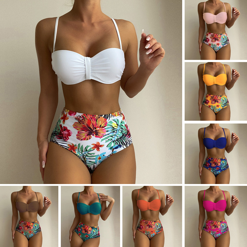 2022 Cross-border Europe and America Foreign Trade New Style Printed Bikini Sexy One-piece Slimming High Waist Swimwear Bikini 