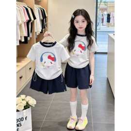 女童套装2026夏季新款Kt猫短袖女大童休闲宽松圆领T恤短裤两件套9