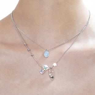 Ballet Series Original Aquamarine Crystal Shoes Necklace Stacked with Pearl Clavicle Chain