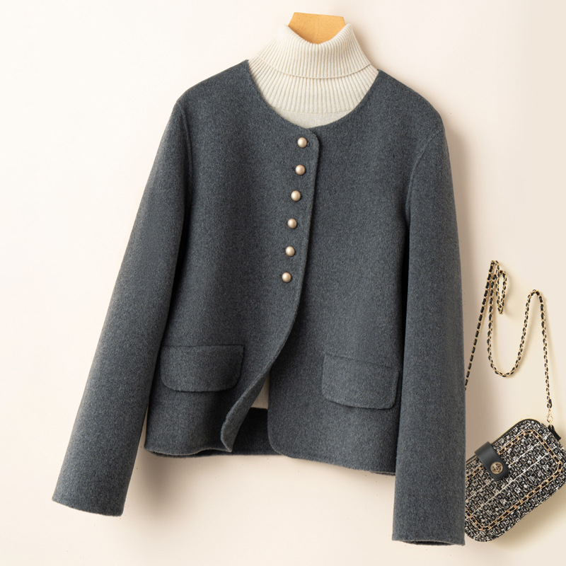 Double-Sided Woolen Outwear for Women, Short, Classy Wool Hepburn Style Classy Korean Style Round Neck Woolen Outwear