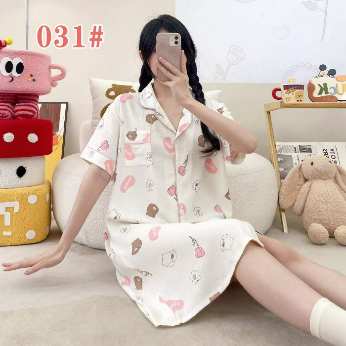 Pijama de verano de manga corta cardigan con solapa impresión de dibujos animados nubes de algodón dulce suelto medio largo vestido transfronterizo