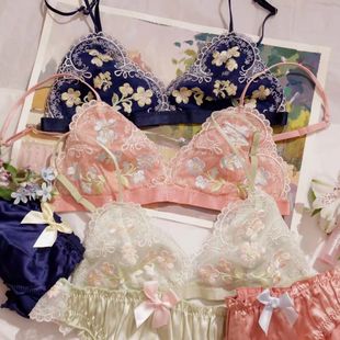 French Embroidery Triangle Cup Sexy Lace Underwear Thin Strap Beautiful Back Bra Set Bra Girl Flowers