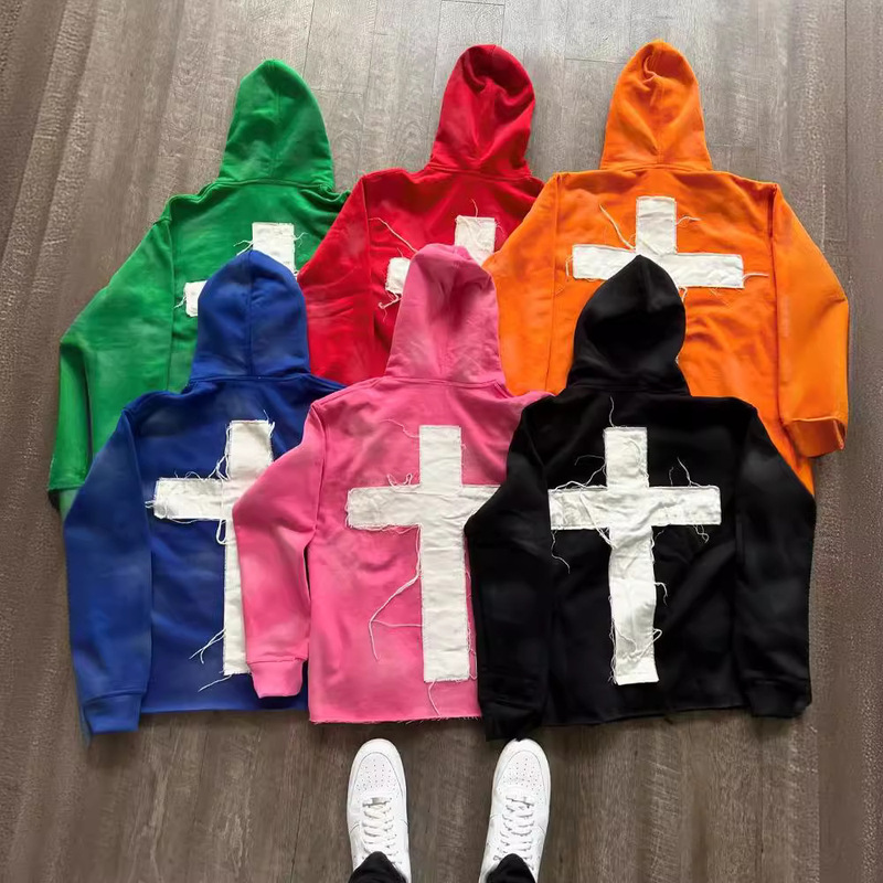 Cross letter patch embroidery sports men and women YIYB street hip hop cross-border fashion loose sweater hoodie