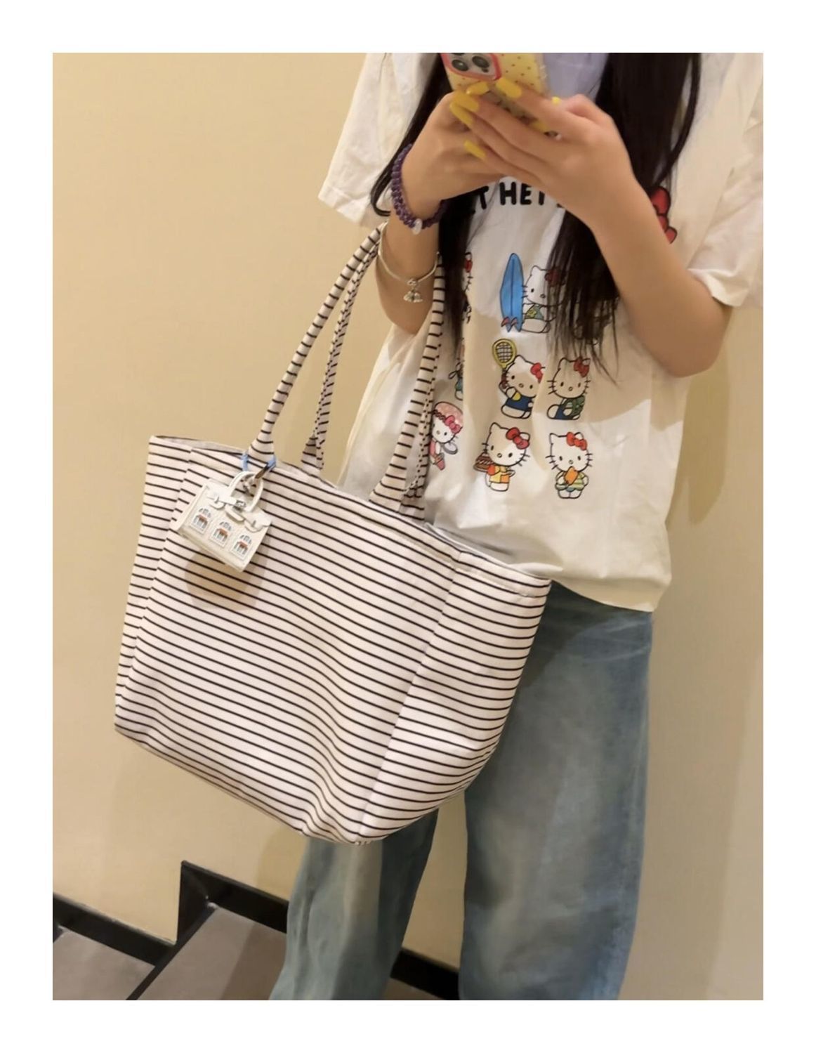 Korean Style High-Appearance Striped Canvas Tote Bag Large Capacity New Model Commute Handbag Single Shoulder Bag Women Shopping Bag