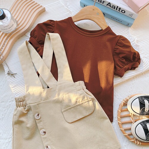 2024 Korean Summer Set for Girls - Short Sleeve Baby Girl with Bubble Sleeve T-shirt and Belted Skirt - Fashion Two-Piece Set - Cotton