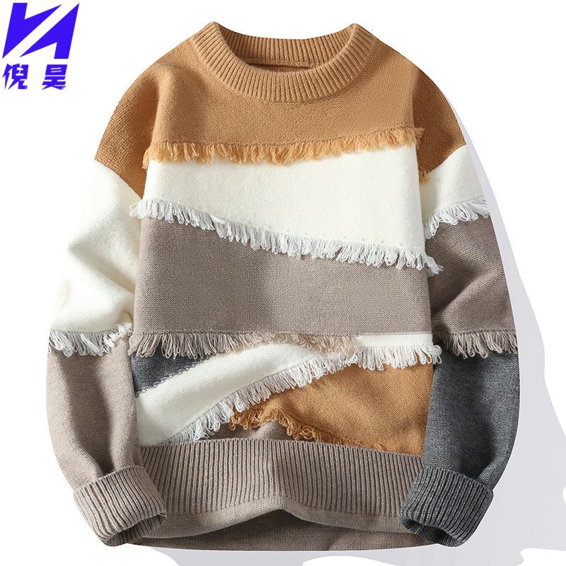 Sweater men's winter New stitching fashion trendy round neck loose sweater men's high sense men's sweater