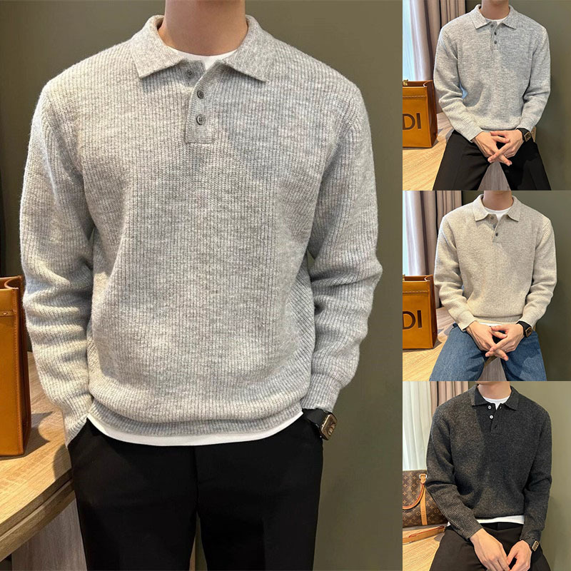 Polo Shirt Lapel Knitwear Men's Light Mature Style British Business Pure Color Autumn and Winter Jacket Export Cross-Border Wholesale