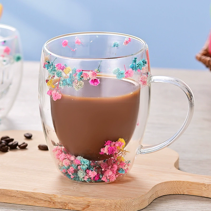 Cross -border double -layer glass dried sand dry flower cup high borosilized glass double -layer cup milk coffee cup household drinking water cup