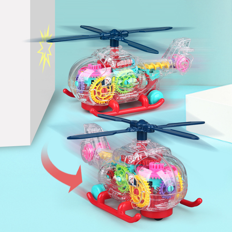 Nuevo avión eléctrico de juguete universal para caminar música luz transparente Gear helicóptero modelo puesto al por mayor