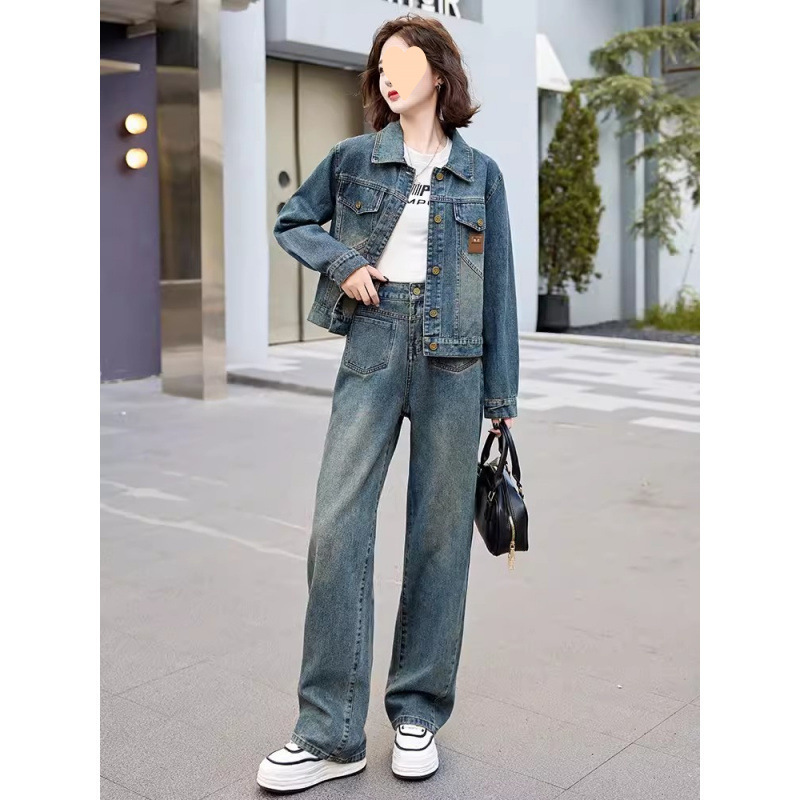 时尚减龄牛仔套装女2025春秋季新款洋气气质显瘦阔腿裤长袖两件套|undefined
