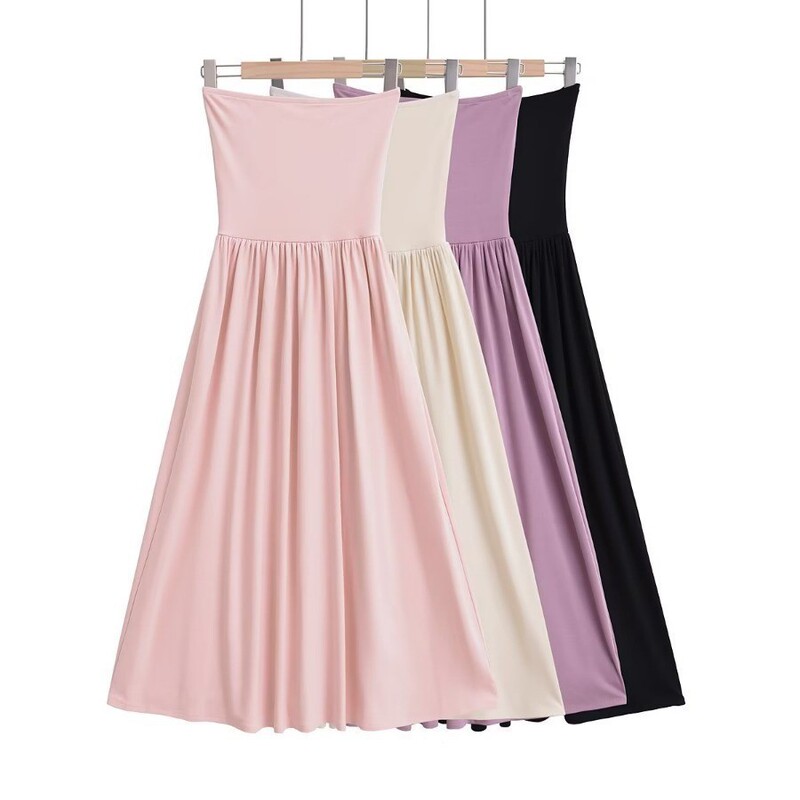 Pure Spice Girl Strapless Stitching Waist dress Women's Niche Sexy Outer Wear Pleated A- Line Over-the-Knee Dress