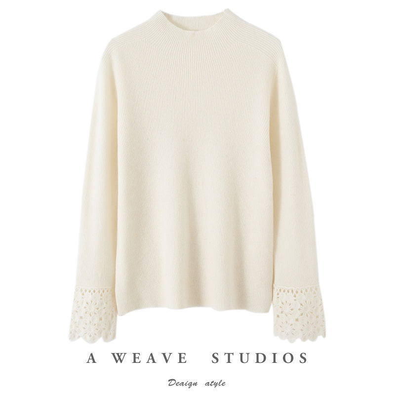 2025 New Style Half-High Collar Hollow Spliced Wool Sweater for Women, Long-Sleeve, Elegant, Slimming, Loose, Versatile Wool Sweater