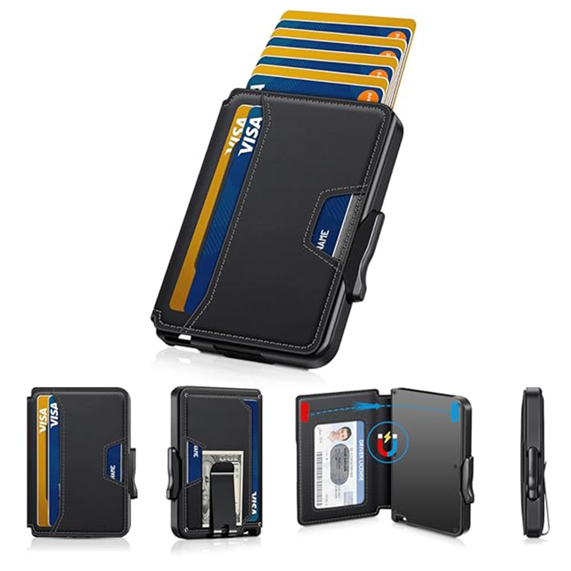 Amazon ultra delgado lado empuje bolsa de tarjetas de aleación de aluminio ultra delgada multifunción de gran capacidad cartera de cuero de negocios para hombres