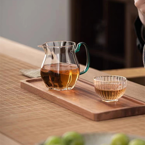 Glass Fairness Cup with Colorful Handle, High Borosilicate Tea Divider in Lake Green, Flower-Design Tea Server, Green Tea Brewing Pot, Melon-Shape Cup