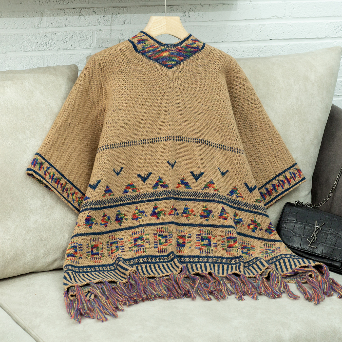 Grobstrick Damen Cape Mit Quasten Lässiger Jacquard Mantel_voghion.com