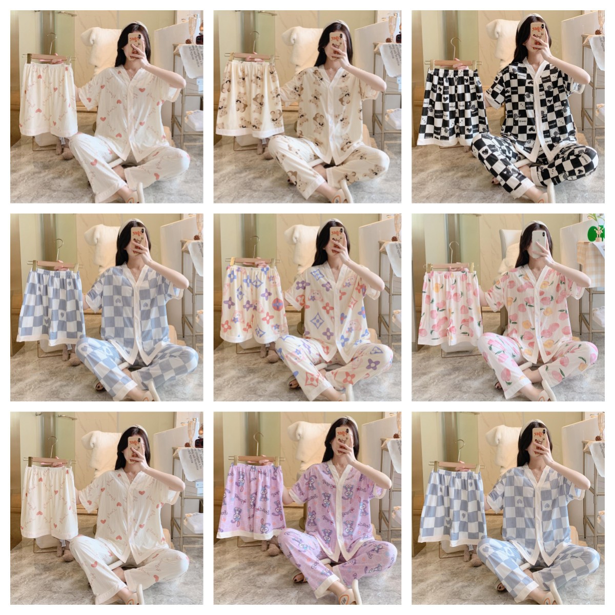 Comercio exterior al por mayor pijamas de las niñas de verano de manga corta pantalones cortos traje de tres piezas cardigan monje collar estudiante homewear