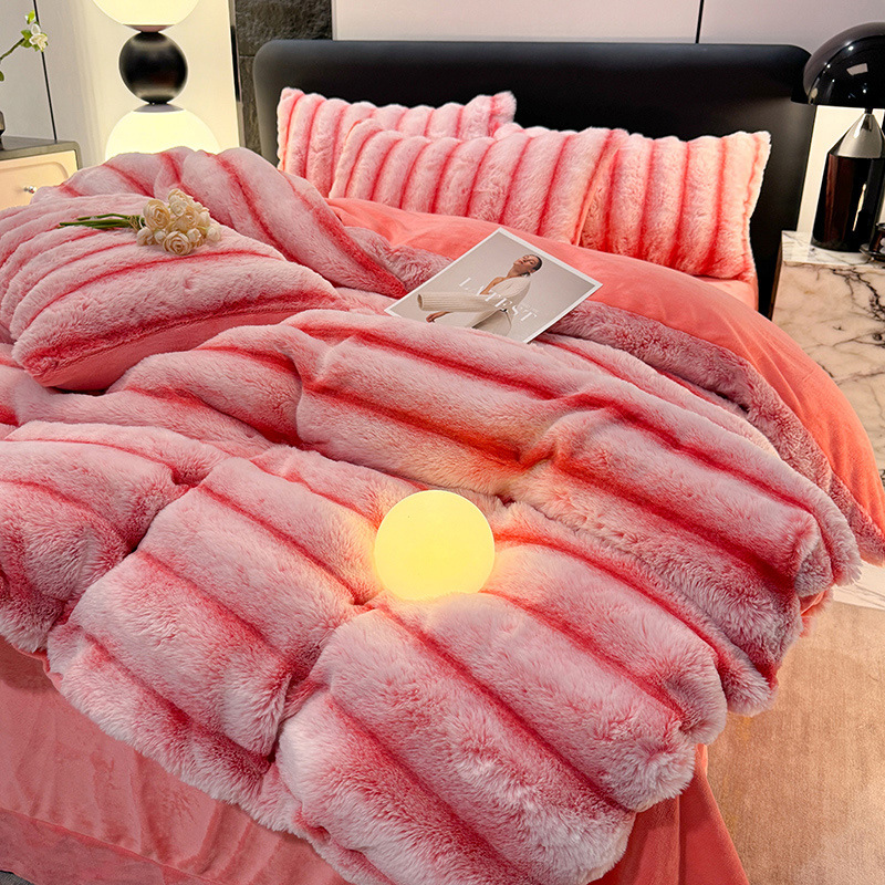 Juego de cuatro piezas de felpa de conejo de terciopelo de leche, terciopelo de coral de invierno, sábana gruesa y cálida, funda de edredón, franela, felpa de doble cara