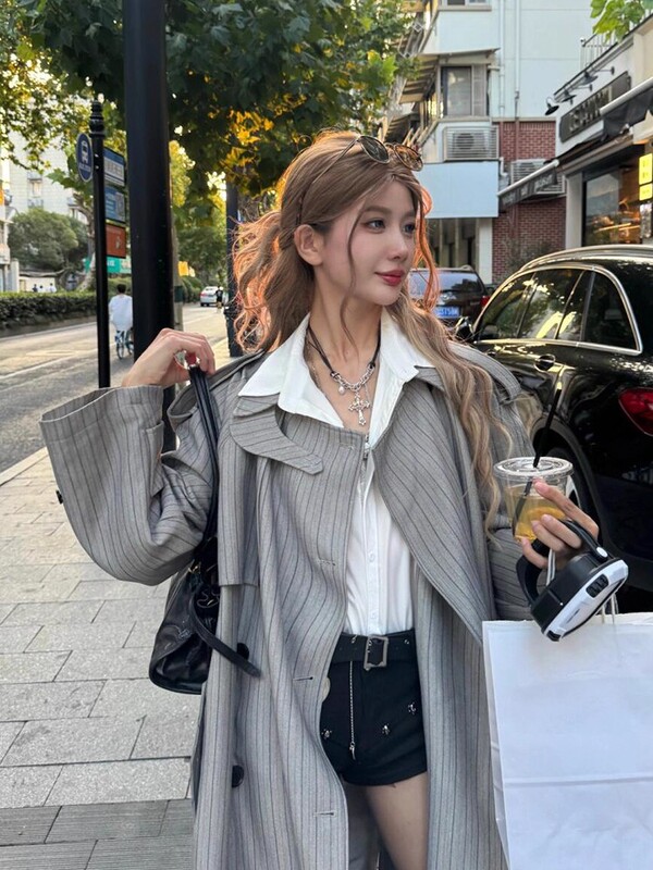 高级感条纹风衣外套女2025春秋新款宽松系带韩版中长款慵懒风大衣|undefined