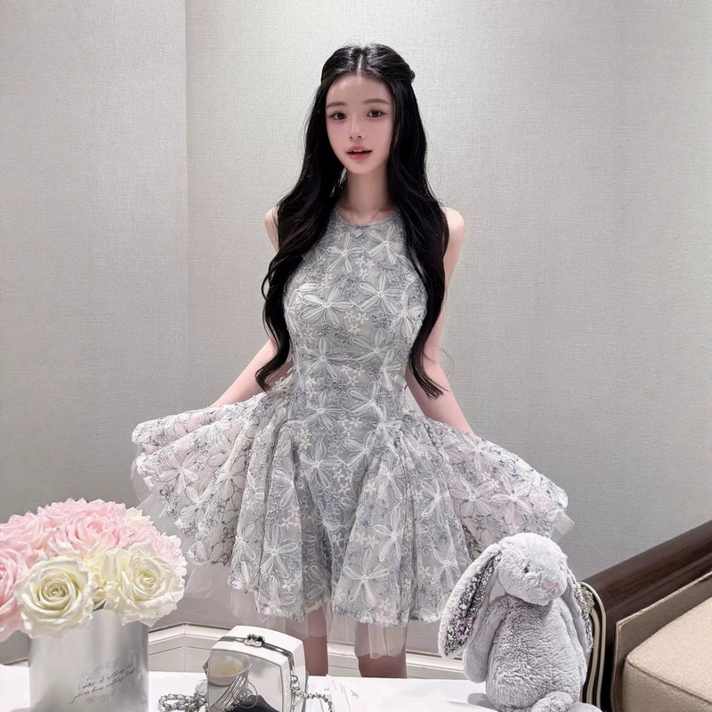 Birthday party dress for girls, rich girl style, elaborate lace embroidery, mesh, waist-cinching, puffy princess short dress Birthday party dress for girls, rich girl style, elaborate lace embroidery, mesh, waist-cinching, puffy princess short dress